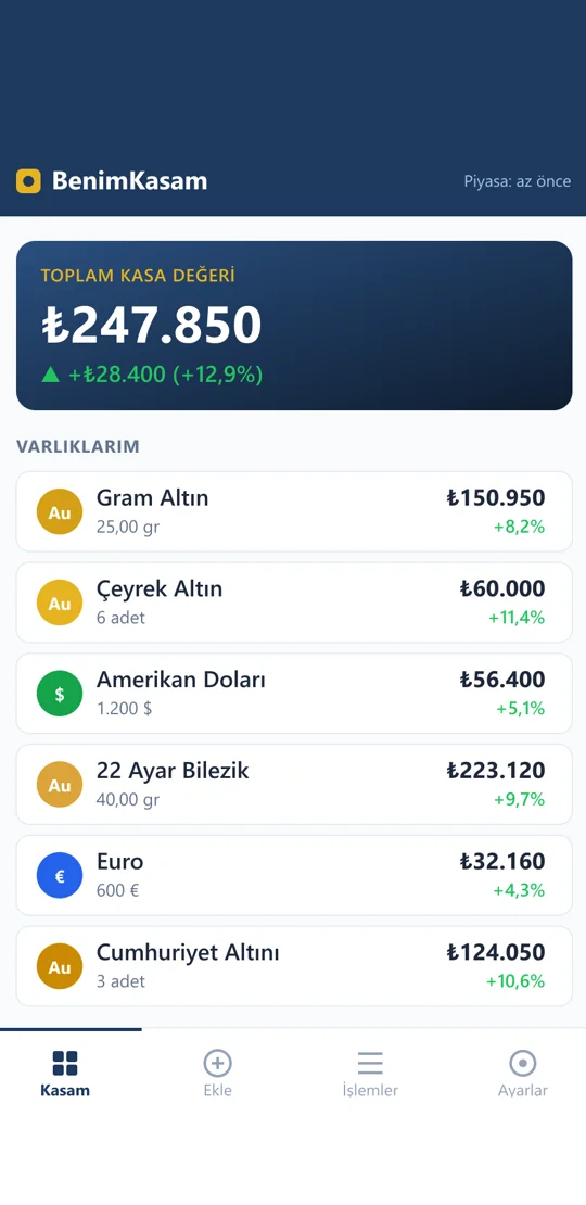 Benim Kasam kasa ekranı: toplam kasa değeri ve varlık listesi
