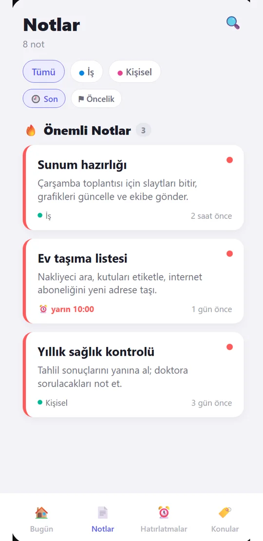 Hafıza Tutucum notlar ekranı