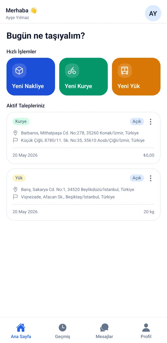 Kurye ve Nakliyat Android uygulamasının ana ekranı: yeni nakliye, kurye ve yük talebi