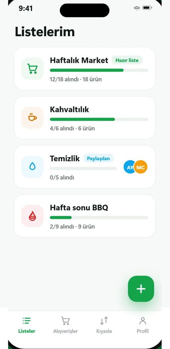 Market Listem listeler ekranı